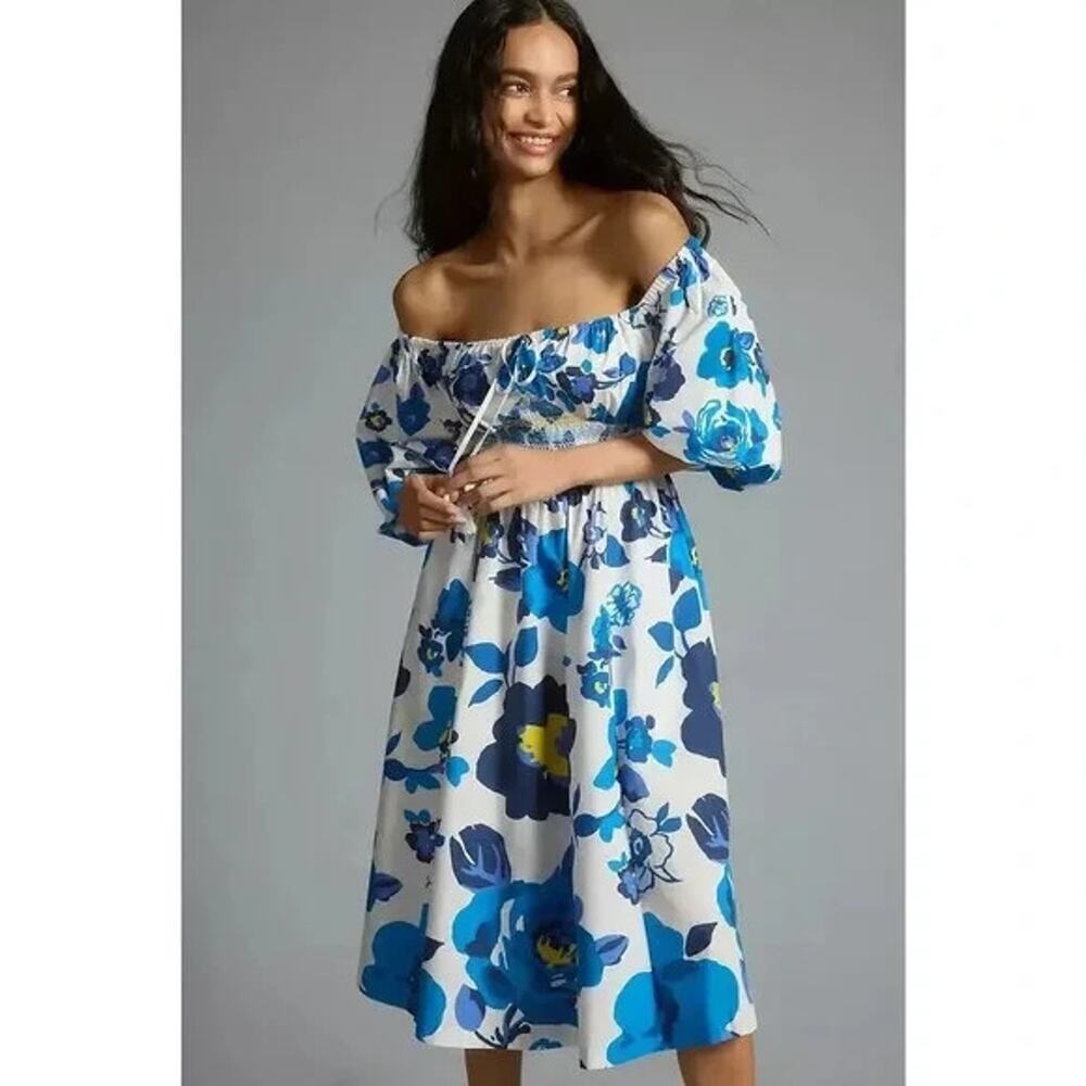 NWT Plenty By Tracy Reese Off-Shoulder Puff-Sleeve Smocked Dress Sz MP #NC447